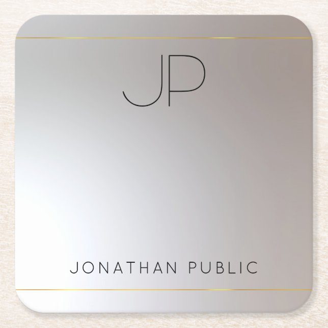 Monogram Gold Silver Template Modern Elegant Square Paper Coaster (Front)
