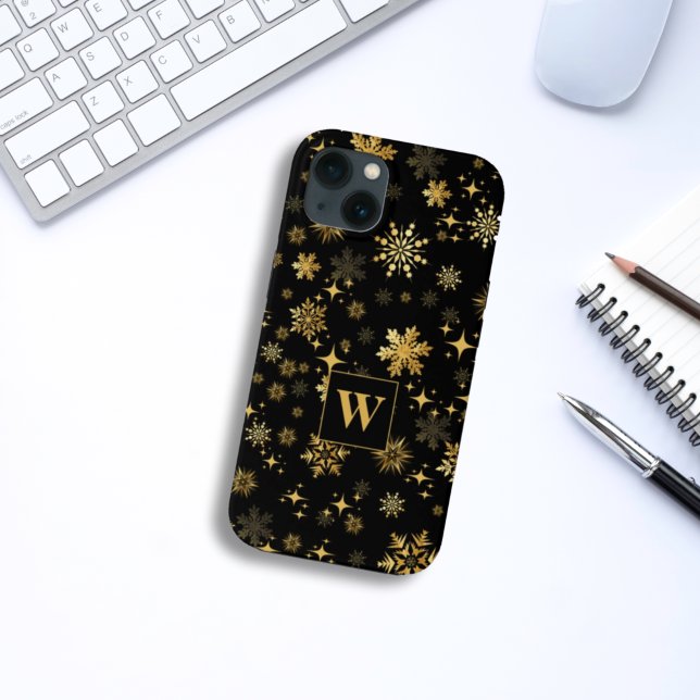 Monogram Gold Snowflakes and Stars Case-Mate iPhone Case (Creator Uploaded)