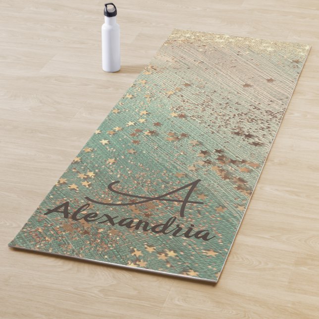 Monogram Gold Stardust on Sea Green  Yoga Mat (In Situ)