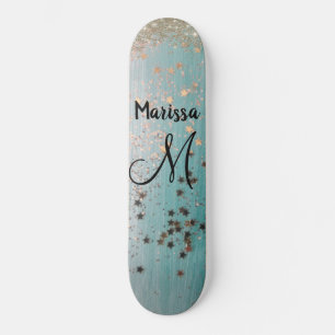 Monogram Gold Stars Glitter on Teal Skateboard
