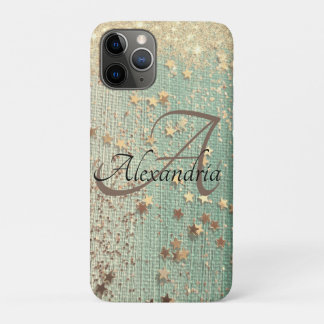Monogram Gold Stars on Sea Green          iPhone 11 Pro Case