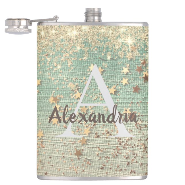 Monogram Gold Stars on Sea Green  Flask (Opened)