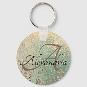 Monogram Gold Stars on Sea Green    Key Ring