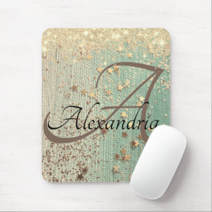 Monogram Gold Stars on Sea Green  Mouse Mat