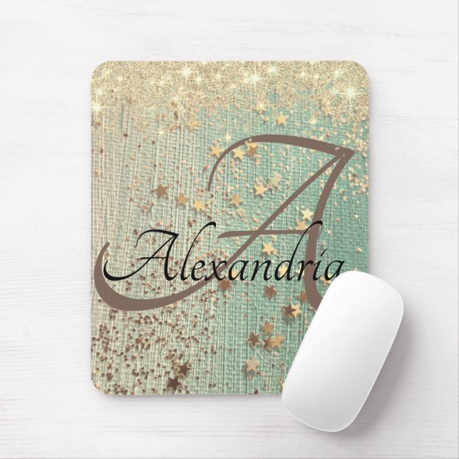 Monogram Gold Stars on Sea Green  Mouse Mat (With Mouse)