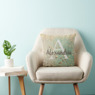 Monogram Gold Stars on Sea Green  Throw Pillow