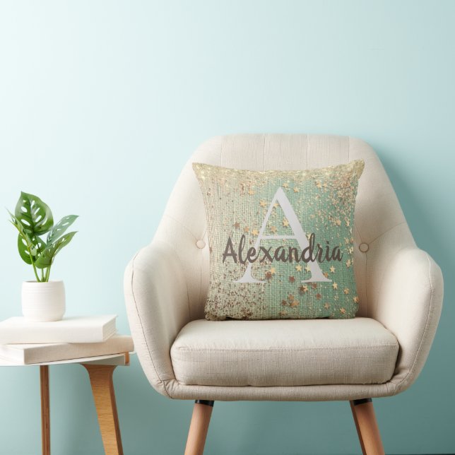 Monogram Gold Stars on Sea Green  Throw Pillow (Chair)