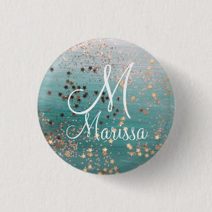 Monogram Gold Stars on Teal 3 Cm Round Badge