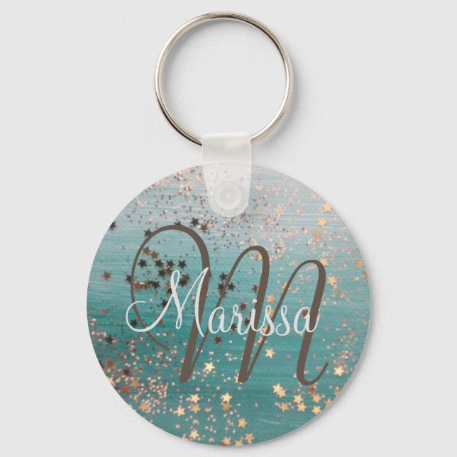Monogram Gold Stars on Teal              Button Key Ring (Front)