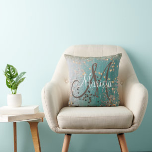 Monogram Gold Stars on Teal Cushion