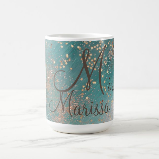 Monogram Gold Stars on Teal  Glitter Coffee Mug (Center)