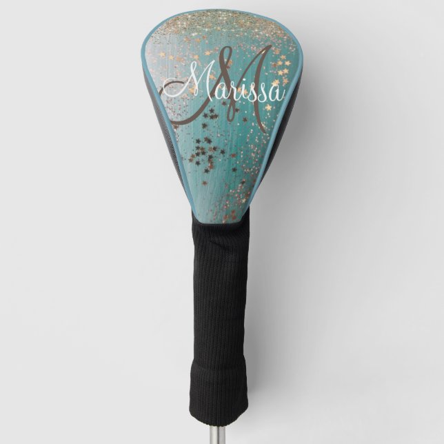 Monogram Gold Stars on Teal           Golf Head Cover (Front)