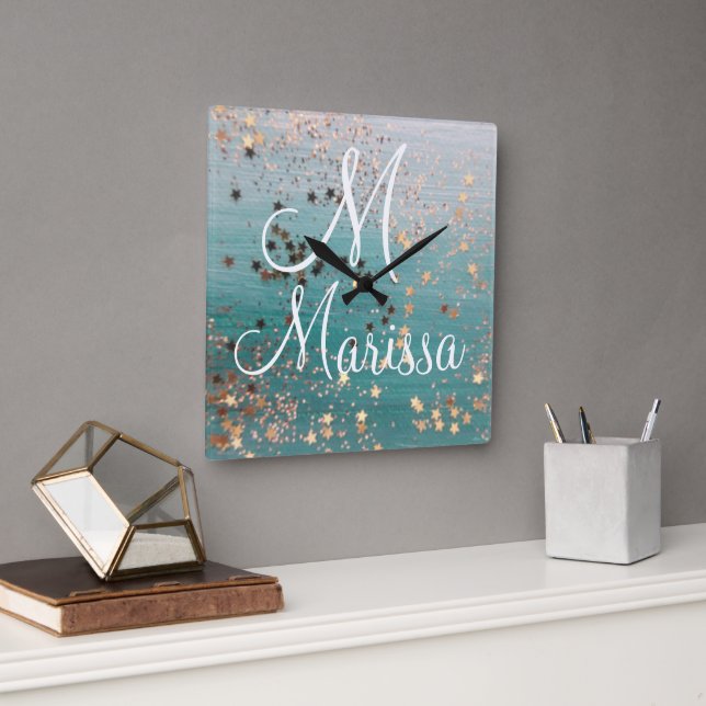 Monogram Gold Stars on Teal               Square Wall Clock (Office)