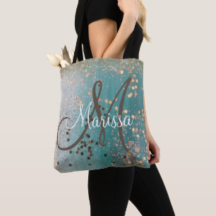 Monogram Gold Stars on Teal  Tote Bag