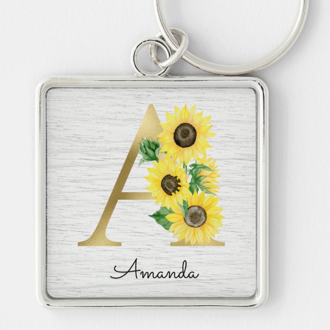 Monogram Gold Sunflower Girly Floral Initial A Key Ring (Front)