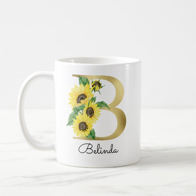 Monogram Gold Sunflower Girly Floral Initial B Coffee Mug (Left)