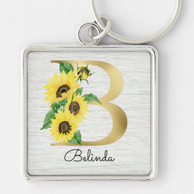 Monogram Gold Sunflower Girly Floral Initial B  Key Ring (Front)