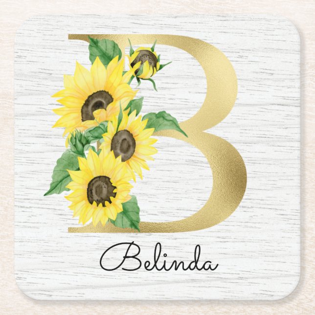 Monogram Gold Sunflower Girly Floral Initial B Square Paper Coaster (Front)