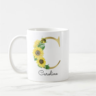 Monogram Gold Sunflower Girly Floral Initial C Coffee Mug