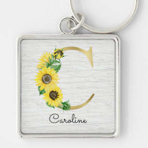 Monogram Gold Sunflower Girly Floral Initial C Key Ring