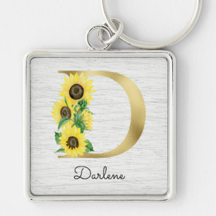 Monogram Gold Sunflower Girly Floral Initial D Key Ring
