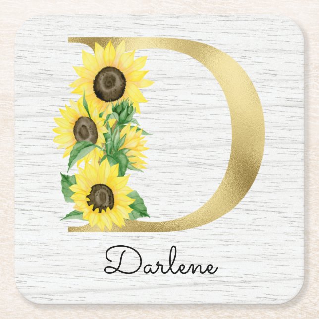 Monogram Gold Sunflower Girly Floral Initial D Square Paper Coaster (Front)