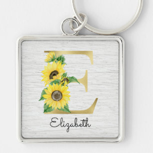 Monogram Gold Sunflower Girly Floral Initial E Key Ring