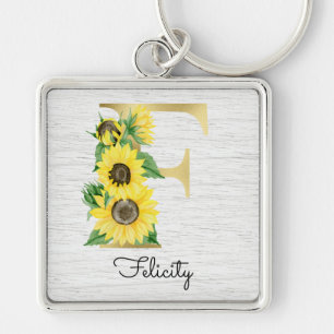 Monogram Gold Sunflower Girly Floral Initial F Key Ring