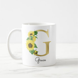 Monogram Gold Sunflower Girly Floral Initial G Coffee Mug