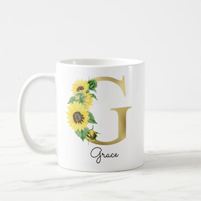 Monogram Gold Sunflower Girly Floral Initial G Coffee Mug (Left)