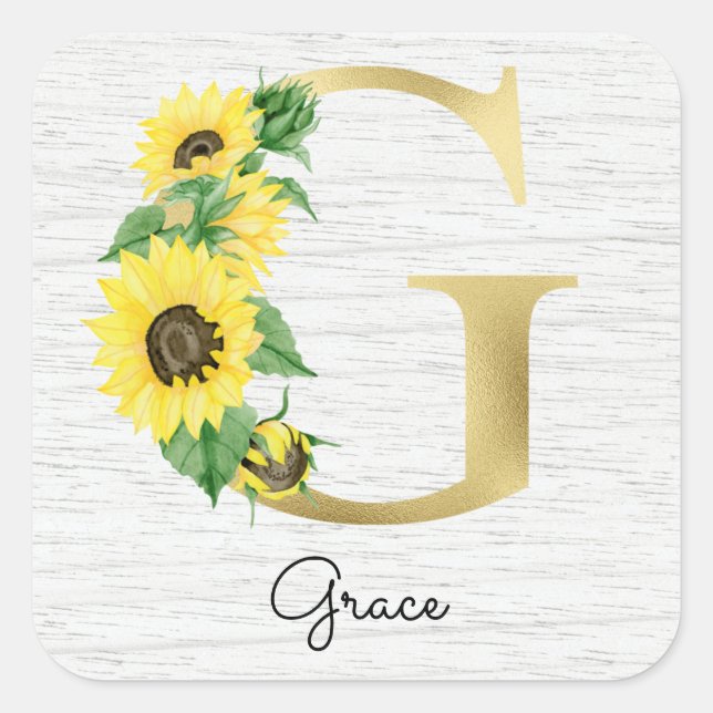 Monogram Gold Sunflower Girly Floral Initial G Square Sticker (Front)