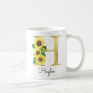 Monogram Gold Sunflower Girly Floral Initial H Coffee Mug