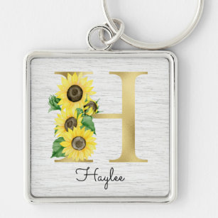 Monogram Gold Sunflower Girly Floral Initial H Key Ring