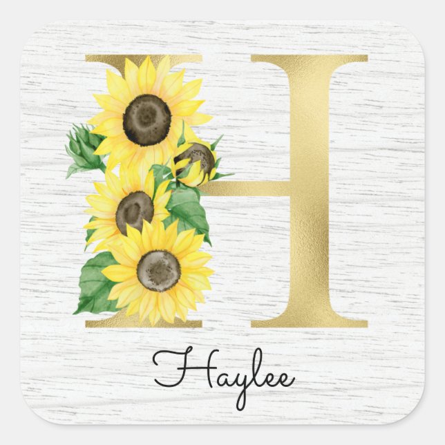 Monogram Gold Sunflower Girly Floral Initial H Square Sticker (Front)