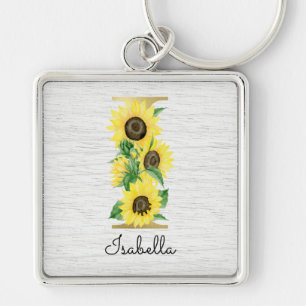 Monogram Gold Sunflower Girly Floral Initial I Key Ring