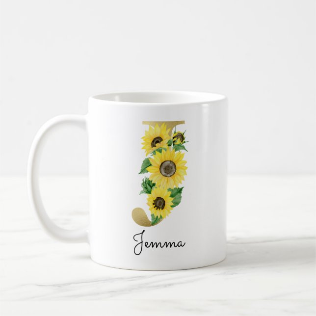 Monogram Gold Sunflower Girly Floral Initial J Coffee Mug (Left)