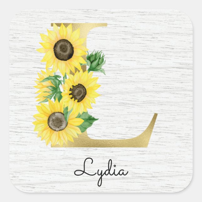 Monogram Gold Sunflower Girly Floral Initial L Square Sticker (Front)