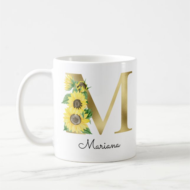 Monogram Gold Sunflower Girly Floral Initial M Coffee Mug (Left)
