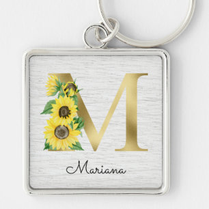Monogram Gold Sunflower Girly Floral Initial M Key Ring