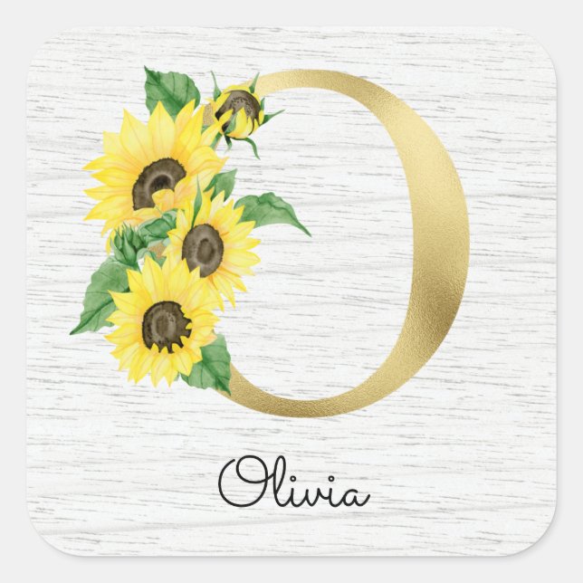Monogram Gold Sunflower Girly Floral Initial O Square Sticker (Front)