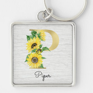 Monogram Gold Sunflower Girly Floral Initial P Key Ring