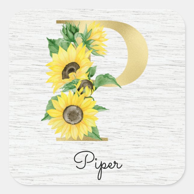 Monogram Gold Sunflower Girly Floral Initial P Square Sticker (Front)