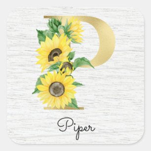 Monogram Gold Sunflower Girly Floral Initial P Square Sticker