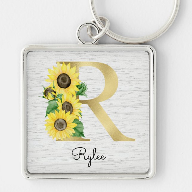 Monogram Gold Sunflower Girly Floral Initial R Key Ring (Front)