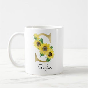 Monogram Gold Sunflower Girly Floral Initial S Coffee Mug
