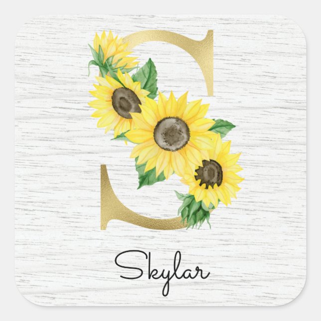Monogram Gold Sunflower Girly Floral Initial S Square Sticker (Front)