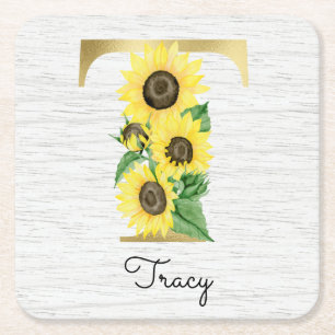 Monogram Gold Sunflower Girly Floral Initial T Square Paper Coaster