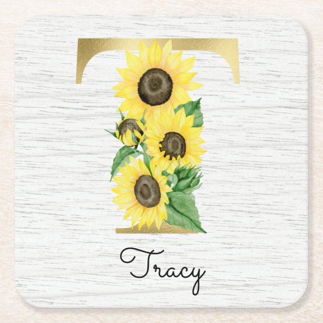 Monogram Gold Sunflower Girly Floral Initial T Square Paper Coaster (Front)
