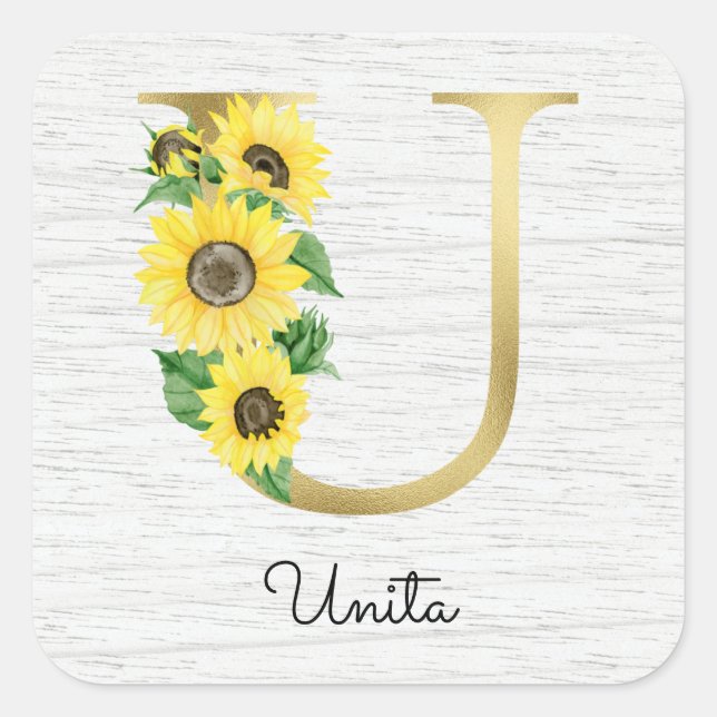 Monogram Gold Sunflower Girly Floral Initial U Square Sticker (Front)