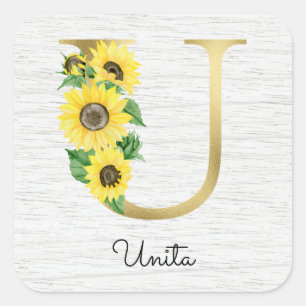 Monogram Gold Sunflower Girly Floral Initial U Square Sticker